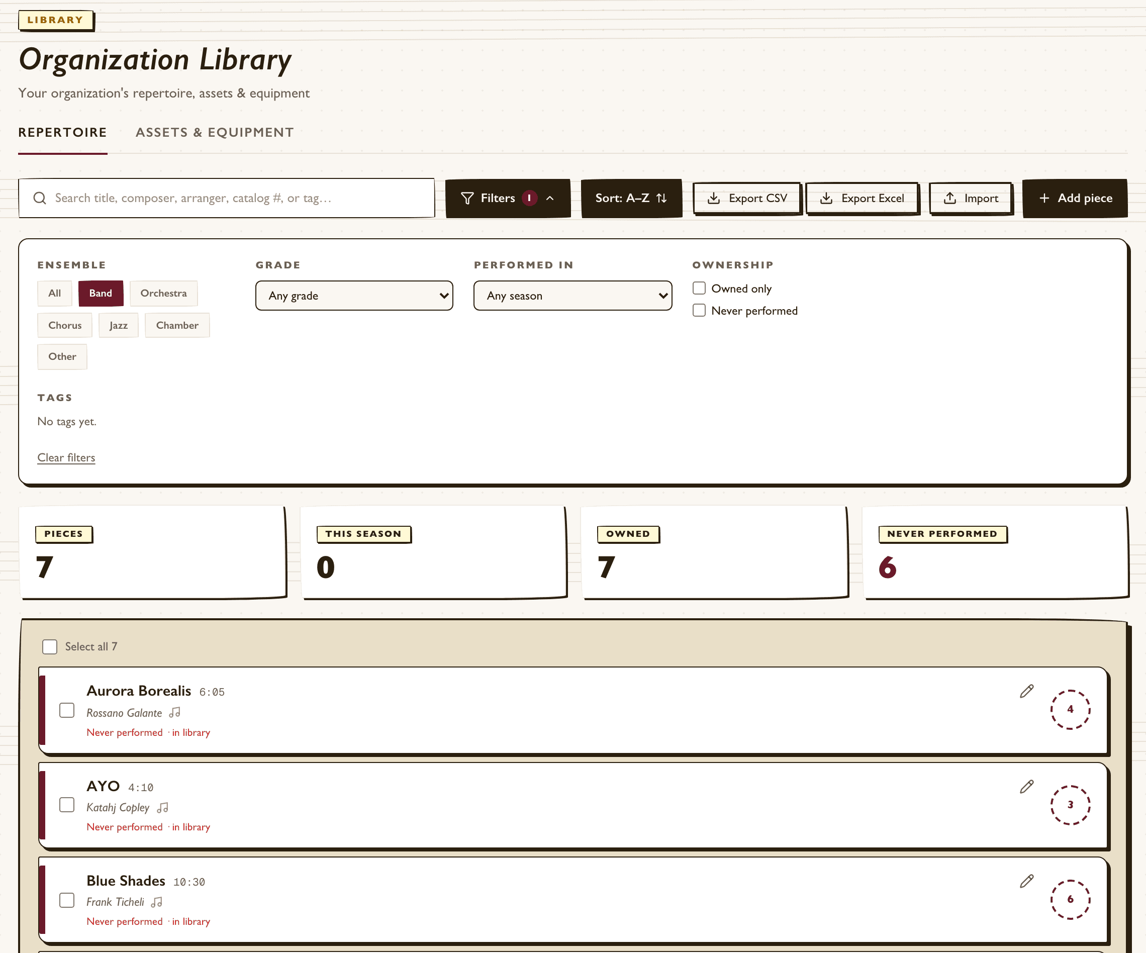 Band library filtered to band pieces, with grade stamps on works by Rossano Galante, Katahj Copley, and Frank Ticheli
