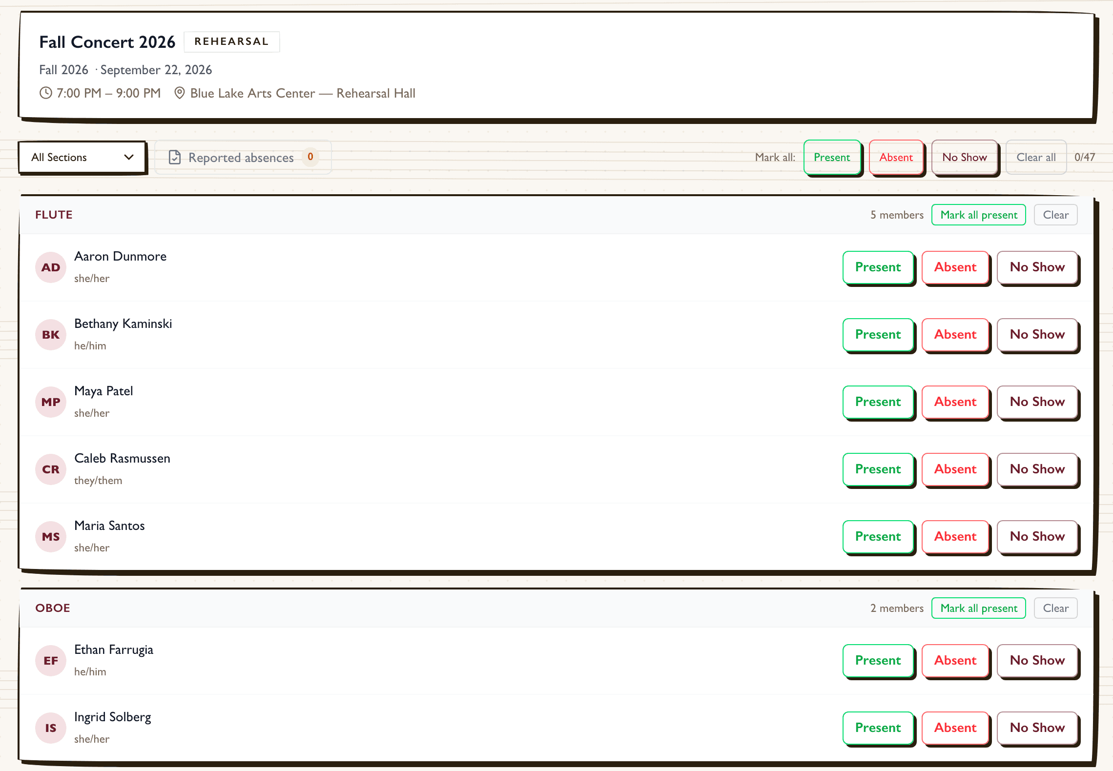 Rehearsal attendance for a concert band with Present, Absent, and No Show buttons, grouped into flute and oboe sections