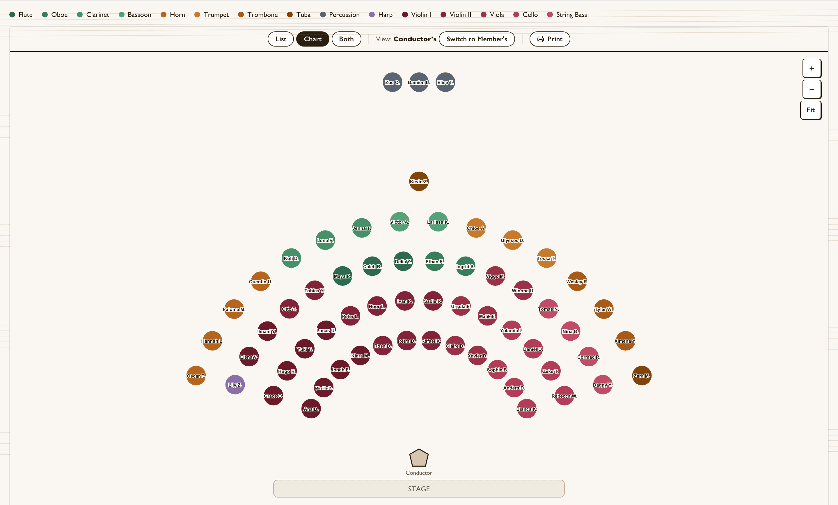 Orchestra seating chart in arced rows: violins, violas, and cellos in front, woodwinds and brass behind, basses at the right, percussion at the back, with a legend of section colors